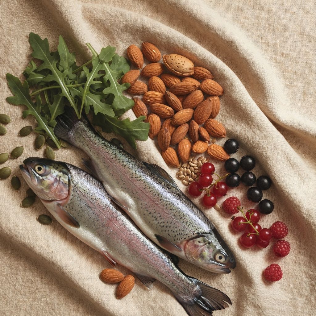 Fresh natural foods including trout, almonds, and berries